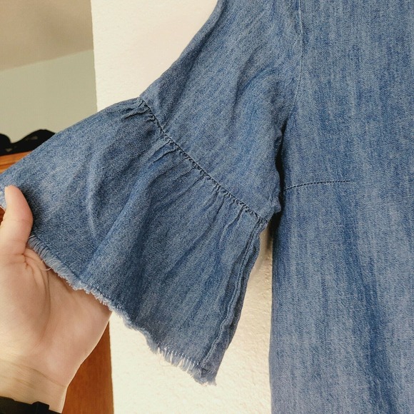 Krazy Kat Blue Chambray Flared Short Sleeve‎ Mini Dress With Frayed Hem. Size S - Picture 3 of 8